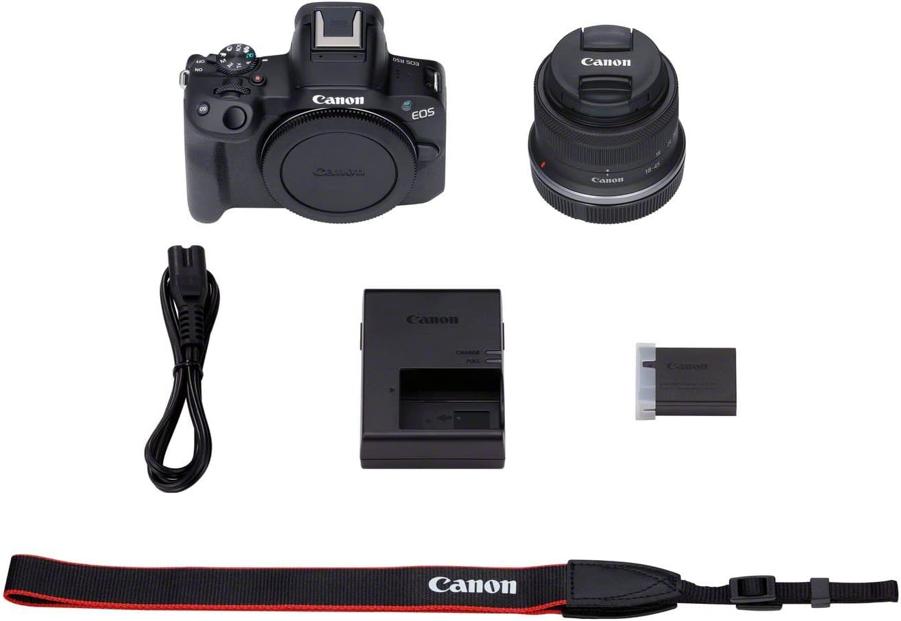 EOS R50 Black + RF-S 18-45mm F4.5-6.3 IS STM Lens Mirrorless camera for on-the-go content creators, shooting stills (Renewed)